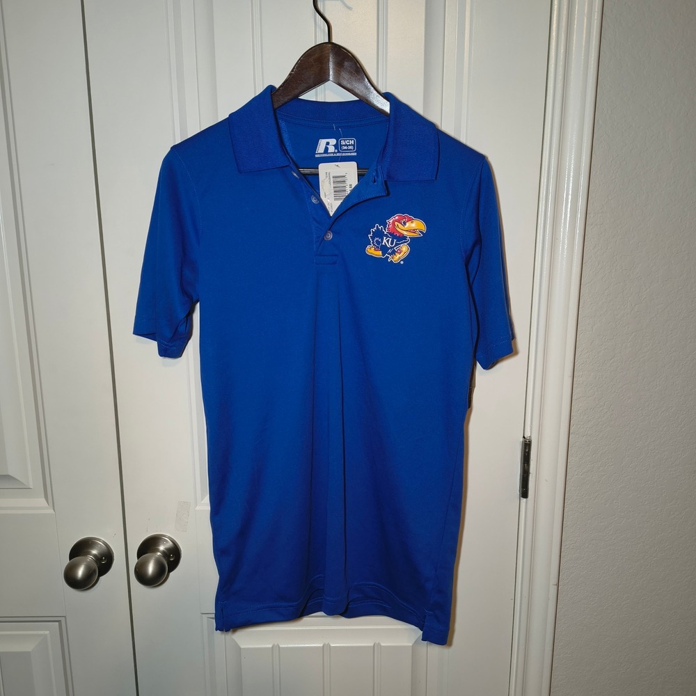 Russell Athletic Kansas Jayhawks Polo Shirt Blue KU Jayhawk Mascot Small NWT